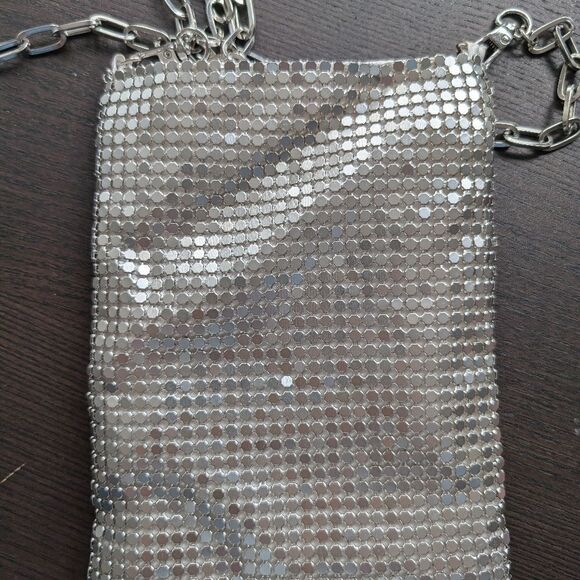 Silver tone chainmail metal mesh mini bag with chain strap - Picture 6 of 11